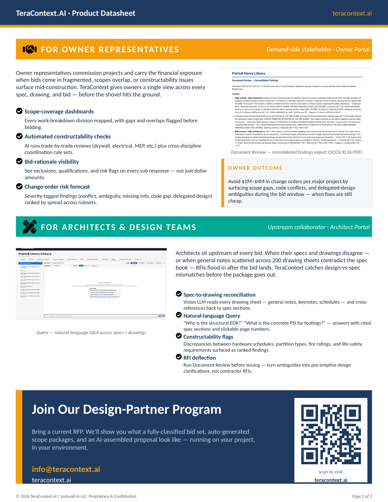 TeraContext.AI Product Datasheet, page 2 — Features for Owner Representatives include scope-coverage dashboards, automated constructability checks, bid-rationale visibility, and change-order risk forecasting, with $1M-$4M in change-order avoidance per major project. Features for Architects and Design Teams include spec-to-drawing reconciliation, natural-language Q&A, constructability flags, and RFI deflection. Closes with Design-Partner Program invitation: info@teracontext.ai.