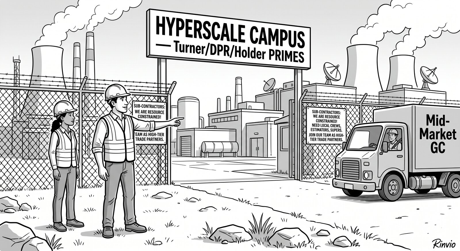 Editorial cartoon: outside the fence line of a hyperscale data center campus, cooling towers and satellite dishes behind it, a large gate sign reads "HYPERSCALE CAMPUS — Turner/DPR/Holder PRIMES." Notices zip-tied to the chain link read "SUB-CONTRACTORS: WE ARE RESOURCE CONSTRAINED! NEED LOCAL CREWS, ESTIMATORS, SUPERS. JOIN OUR TEAM AS HIGH-TIER TRADE PARTNERS." Two workers in hard hats and safety vests stand outside the fence, one pointing at the notice, while a box truck lettered "Mid-Market GC" waits at the gate.