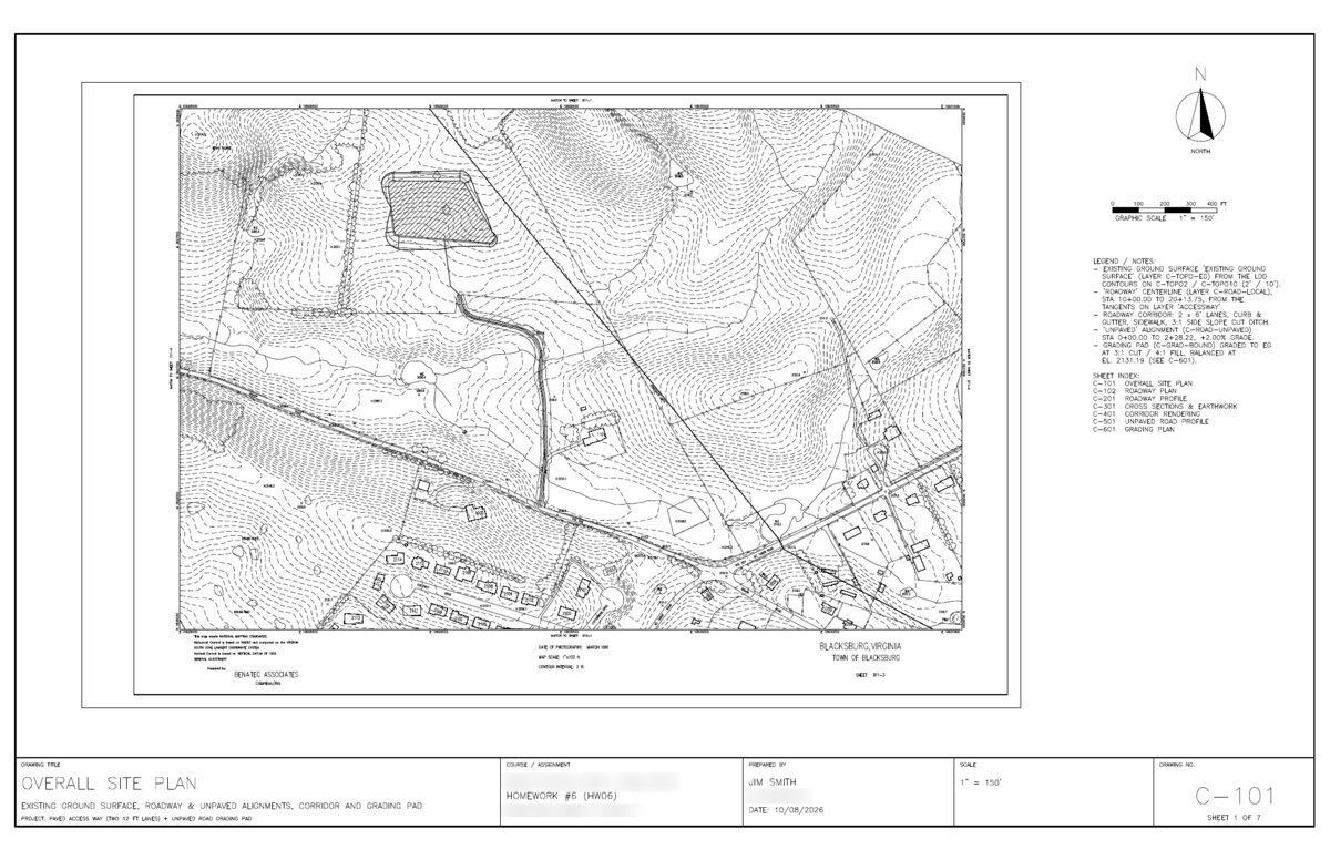 Claude Opus sheet C-101, Overall Site Plan, showing existing-ground contours, the roadway and unpaved alignments, the hatched grading pad, a north arrow, a graphic scale, a legend and sheet index, and a complete title block.