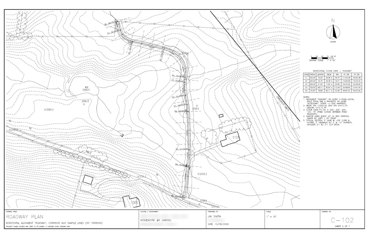 Claude Opus sheet C-102, Roadway Plan, with stationing along the alignment, a curve table for the five horizontal curves, and non-overlapping labels.