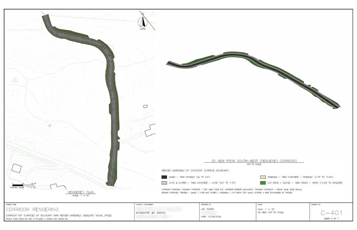 Claude Opus sheet C-401, Corridor Rendering. On the left, a rendered plan view shows the paved access road winding across existing-ground contours with green ditch slopes along both edges, a north arrow, and a graphic scale. On the right, a 3D view from the south-west shows the corridor as a ribbon of dark asphalt lanes, grey curb and gutter, tan sidewalk, and green cut-ditch slopes, above a render-materials legend.