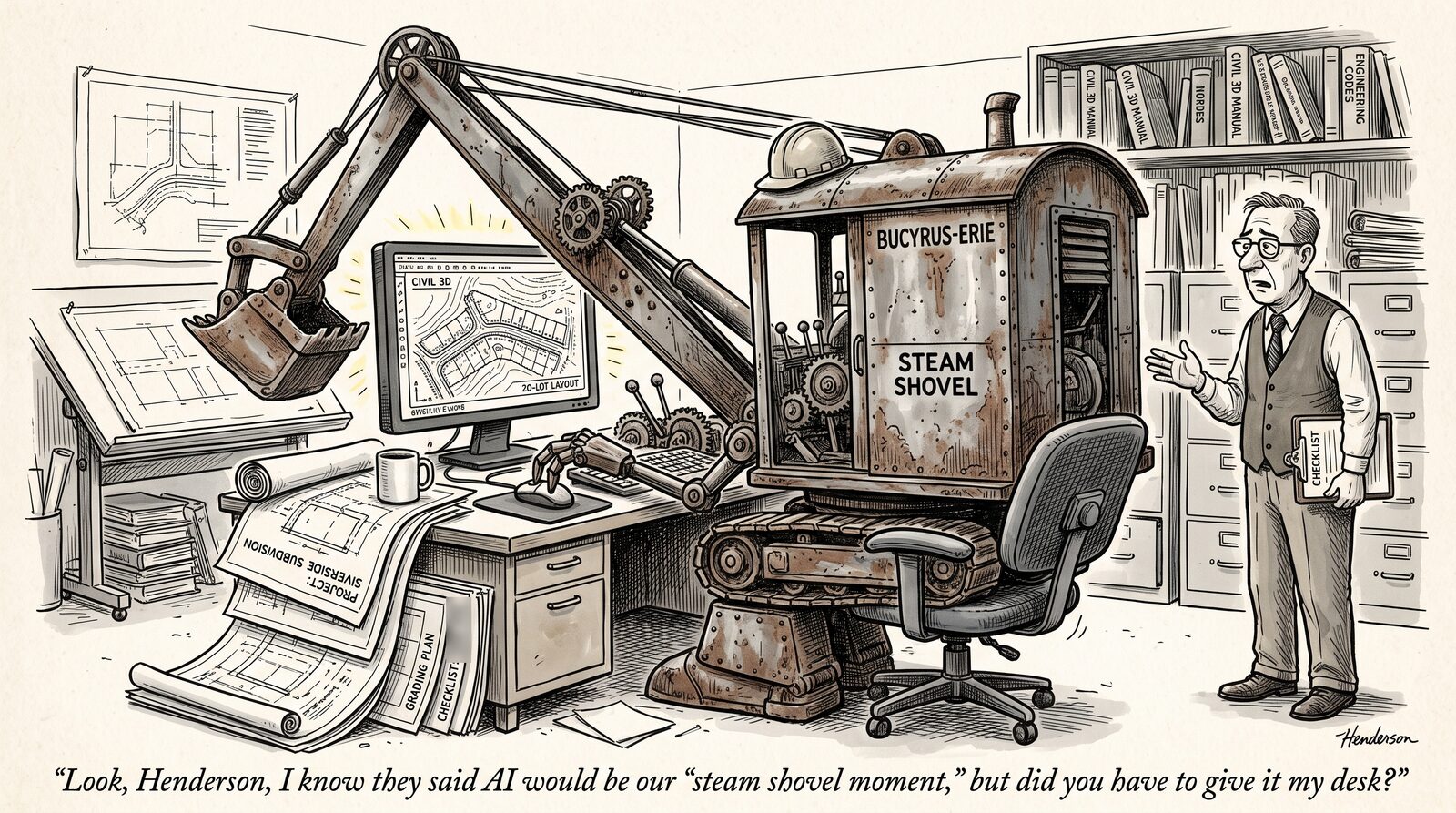Pen-and-ink cartoon: in an engineering office, a rusty Bucyrus-Erie steam shovel labelled "STEAM SHOVEL" sits at a drafting desk, wearing a hard hat, with a mechanical arm working the mouse in front of a monitor showing a Civil 3D "20-LOT LAYOUT." Its boom and bucket swing over a drafting table, and plan sheets marked "GRADING PLAN" and "PROJECT: RIVERSIDE SUBDIVISION" spill off the desk. An engineer in glasses and a sweater vest, holding a clipboard marked "CHECKLIST," gestures at it in dismay. Caption: "Look, Henderson, I know they said AI would be our 'steam shovel moment,' but did you have to give it my desk?"